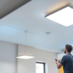 A photograph of capture a photograph of a modern ceiling featuring sleek surface mount led lights in a well-lit room