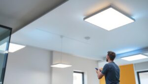 A photograph of capture a photograph of a modern ceiling featuring sleek surface mount led lights in a well-lit room