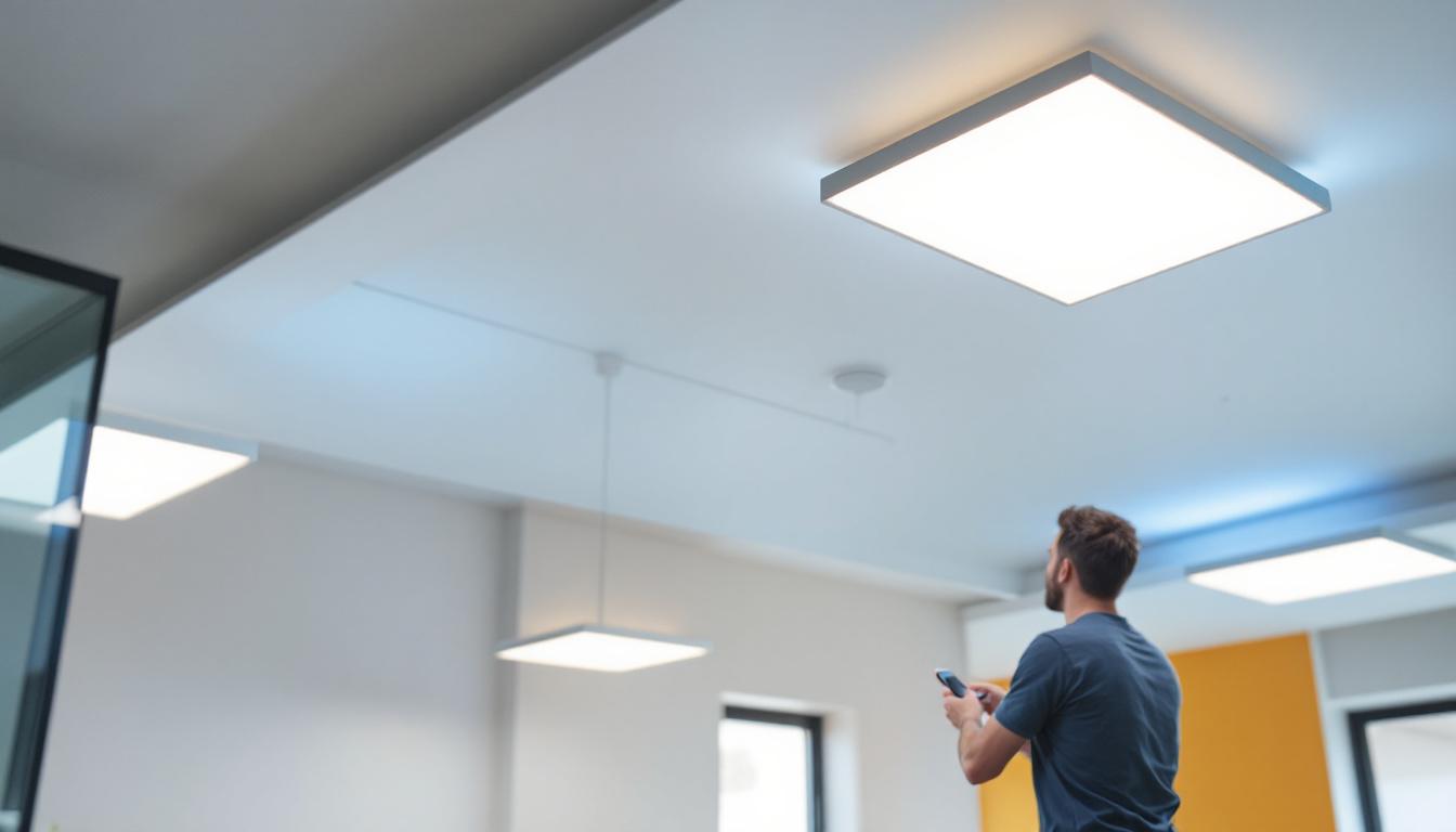 A photograph of capture a photograph of a modern ceiling featuring sleek surface mount led lights in a well-lit room