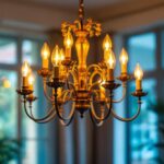 A photograph of a beautifully designed twelve-light chandelier in a well-lit room