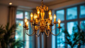 A photograph of a beautifully designed twelve-light chandelier in a well-lit room