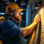 A photograph of a lighting contractor at work