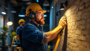 A photograph of a lighting contractor at work