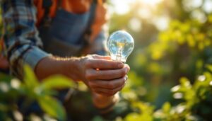 A photograph of capture a photograph of a lighting contractor installing a solar-powered led light bulb in an outdoor setting