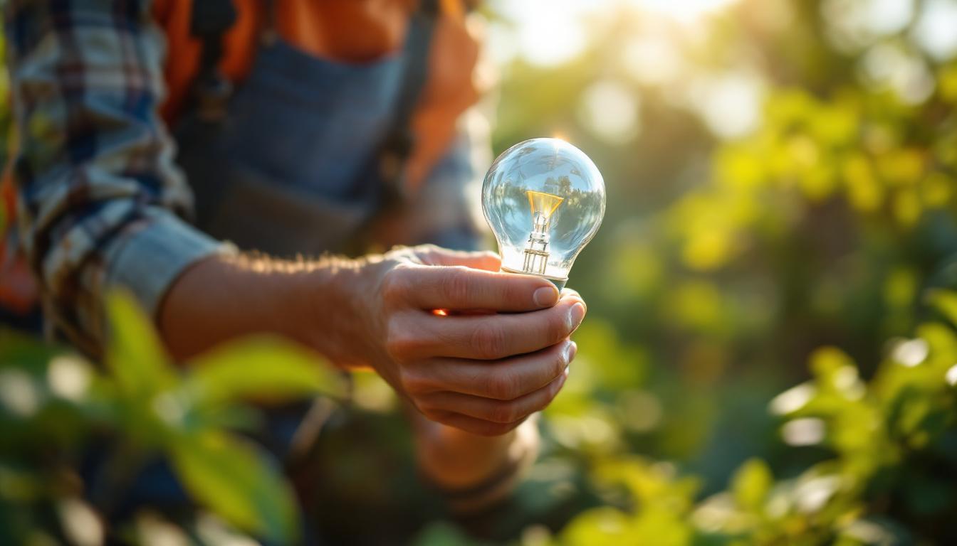 A photograph of capture a photograph of a lighting contractor installing a solar-powered led light bulb in an outdoor setting