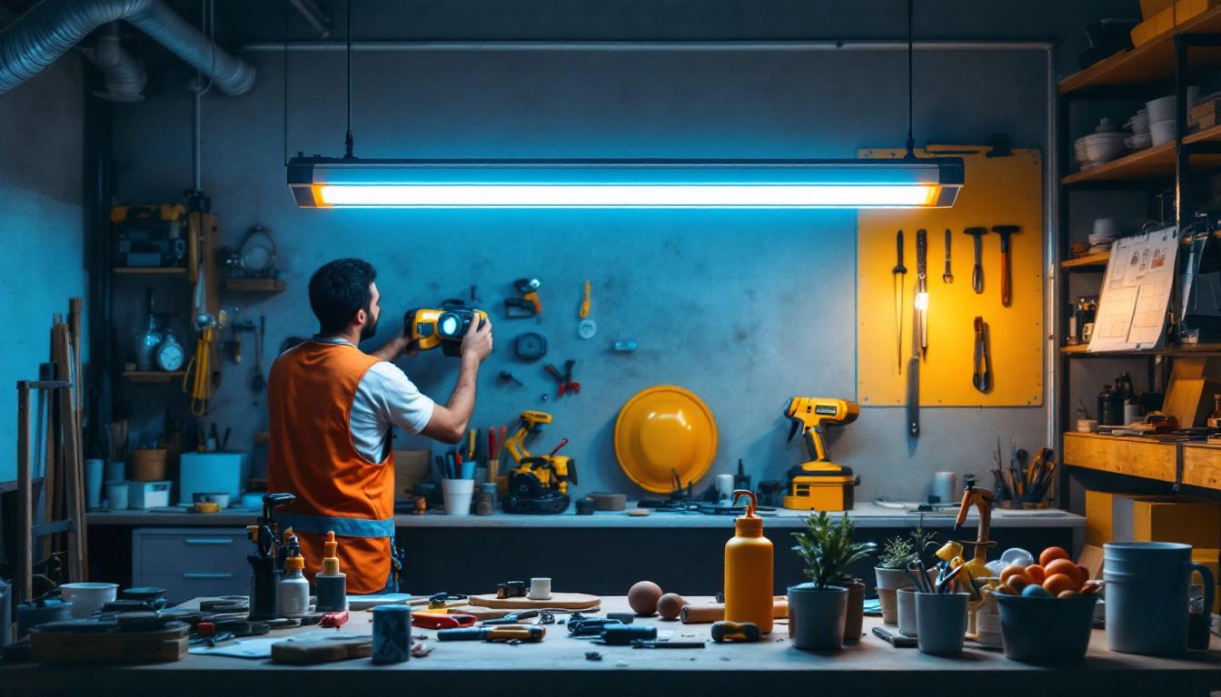A photograph of a well-lit workspace featuring a 3ft fluorescent light fixture in use