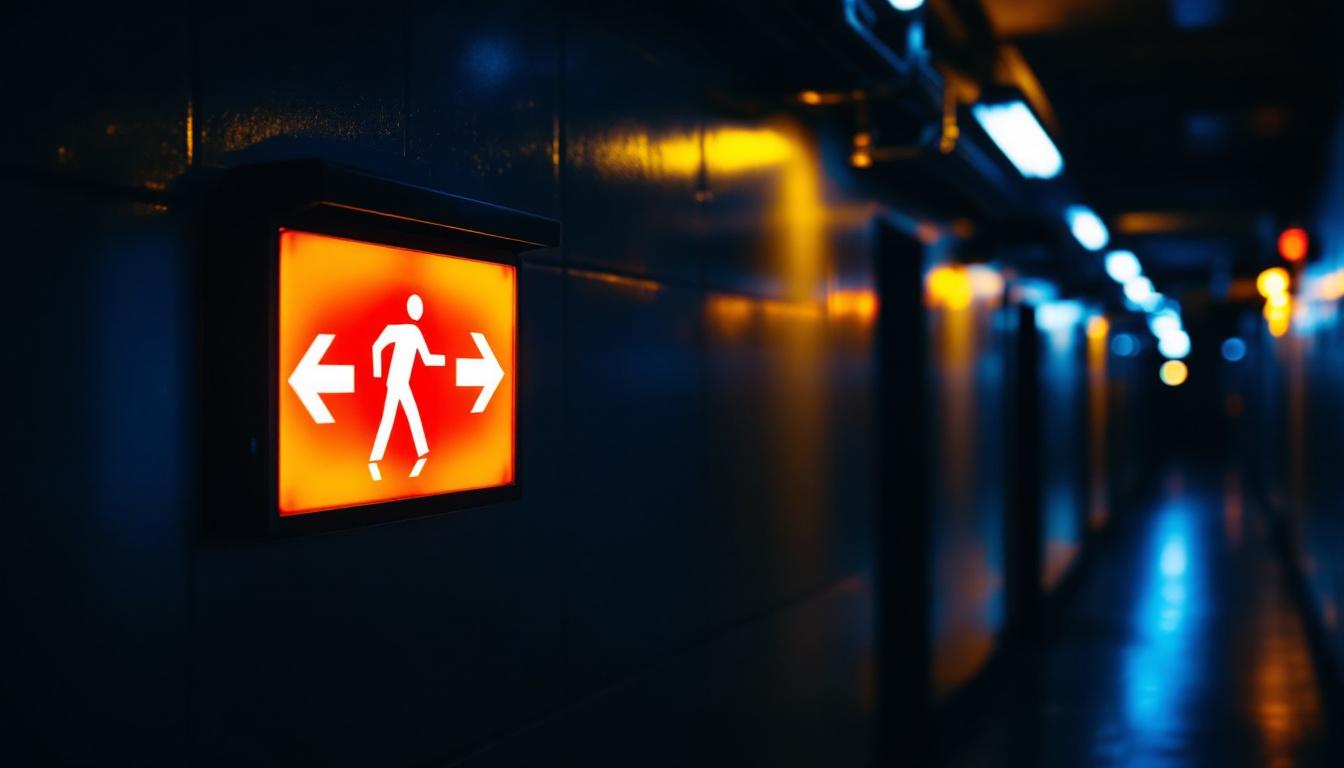 A photograph of a well-lit emergency exit sign in a dimly lit corridor