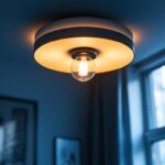 A photograph of a modern ceiling light fixture in a well-lit room