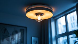 A photograph of a modern ceiling light fixture in a well-lit room