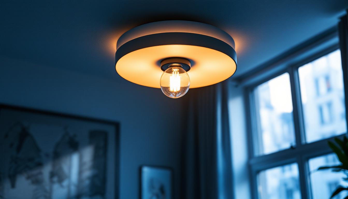 A photograph of a modern ceiling light fixture in a well-lit room
