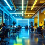 A photograph of a modern office space illuminated by vibrant fluorescent lighting