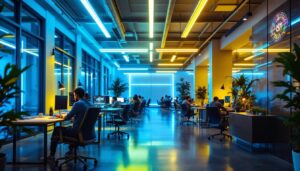 A photograph of a modern office space illuminated by vibrant fluorescent lighting