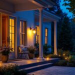 A photograph of a beautifully lit front porch featuring modern led lighting fixtures