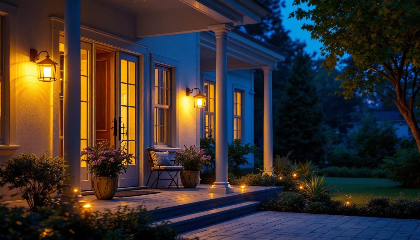 A photograph of a beautifully lit front porch featuring modern led lighting fixtures