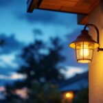 A photograph of a beautifully designed dusk-to-dawn coach light installed in a picturesque outdoor setting