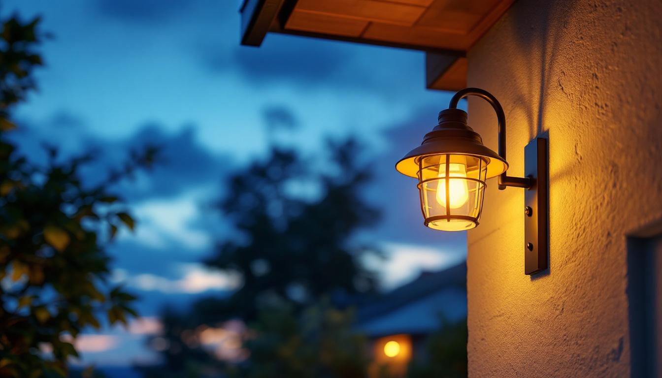 A photograph of a beautifully designed dusk-to-dawn coach light installed in a picturesque outdoor setting