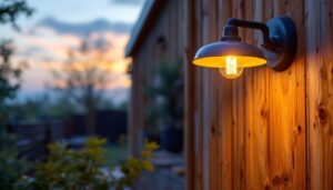 A photograph of a beautifully styled outdoor setting featuring a galvanized barn light illuminating a workspace or construction area