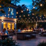 A photograph of a beautifully lit outdoor patio featuring various styles of led lights