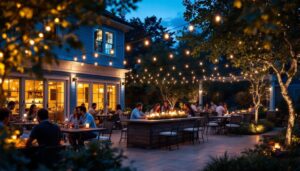 A photograph of a beautifully lit outdoor patio featuring various styles of led lights