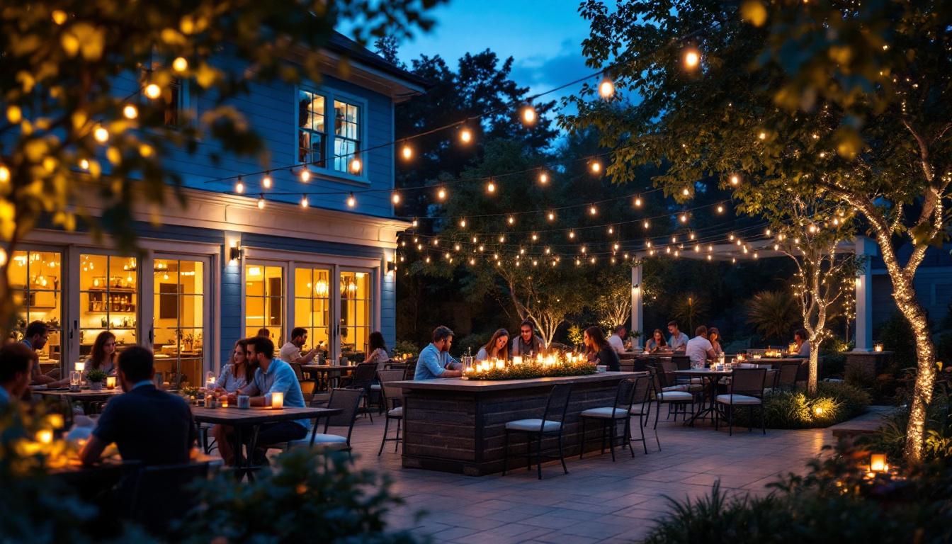 A photograph of a beautifully lit outdoor patio featuring various styles of led lights