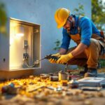 A photograph of a lighting contractor efficiently installing a cable utility box cover in an outdoor setting