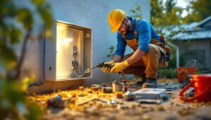A photograph of a lighting contractor efficiently installing a cable utility box cover in an outdoor setting