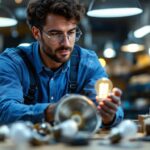 A photograph of a skilled lighting contractor examining various hg light bulbs and their fixtures in a well-lit workshop