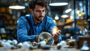 A photograph of a skilled lighting contractor examining various hg light bulbs and their fixtures in a well-lit workshop