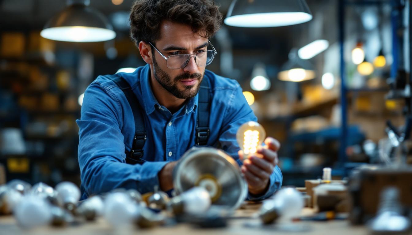 A photograph of a skilled lighting contractor examining various hg light bulbs and their fixtures in a well-lit workshop