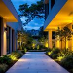 A photograph of a well-lit outdoor space featuring 120-volt lighting installations