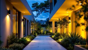 A photograph of a well-lit outdoor space featuring 120-volt lighting installations