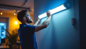 A photograph of a lighting contractor installing a fluorescent lamp in a modern workspace