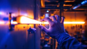 A photograph of a lighting contractor installing or showcasing a uv tube light in a well-lit workspace