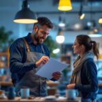 A photograph of a lighting contractor in action