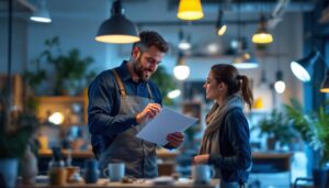 A photograph of a lighting contractor in action