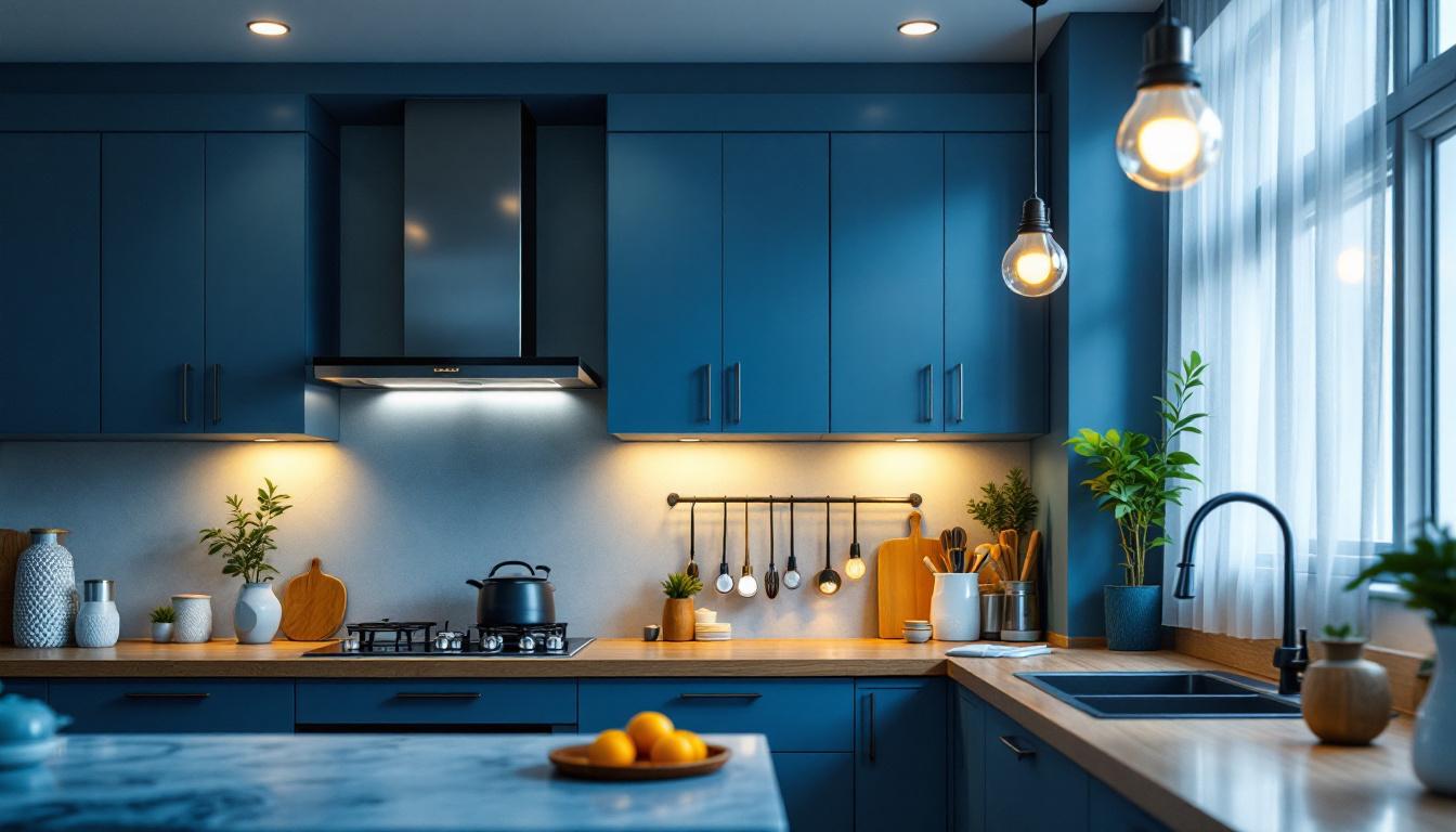 A photograph of a beautifully designed kitchen featuring modern recessed lighting
