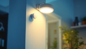 A photograph of a well-lit indoor space featuring a stylish motion sensor light fixture in action