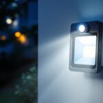 A photograph of a dusk-to-dawn flood light with a motion sensor illuminated in a residential setting