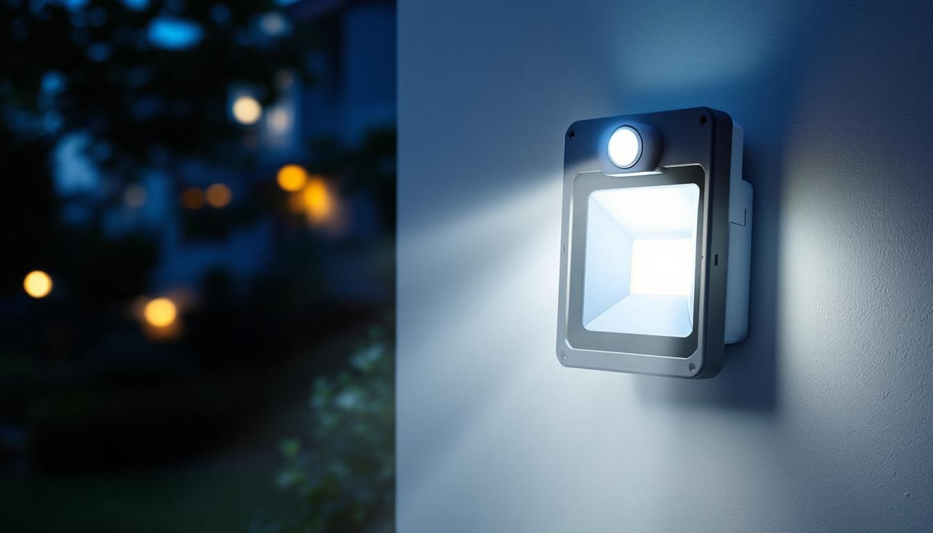 A photograph of a dusk-to-dawn flood light with a motion sensor illuminated in a residential setting
