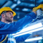 A photograph of a lighting contractor efficiently installing or inspecting an f40t12 ballast in a commercial setting