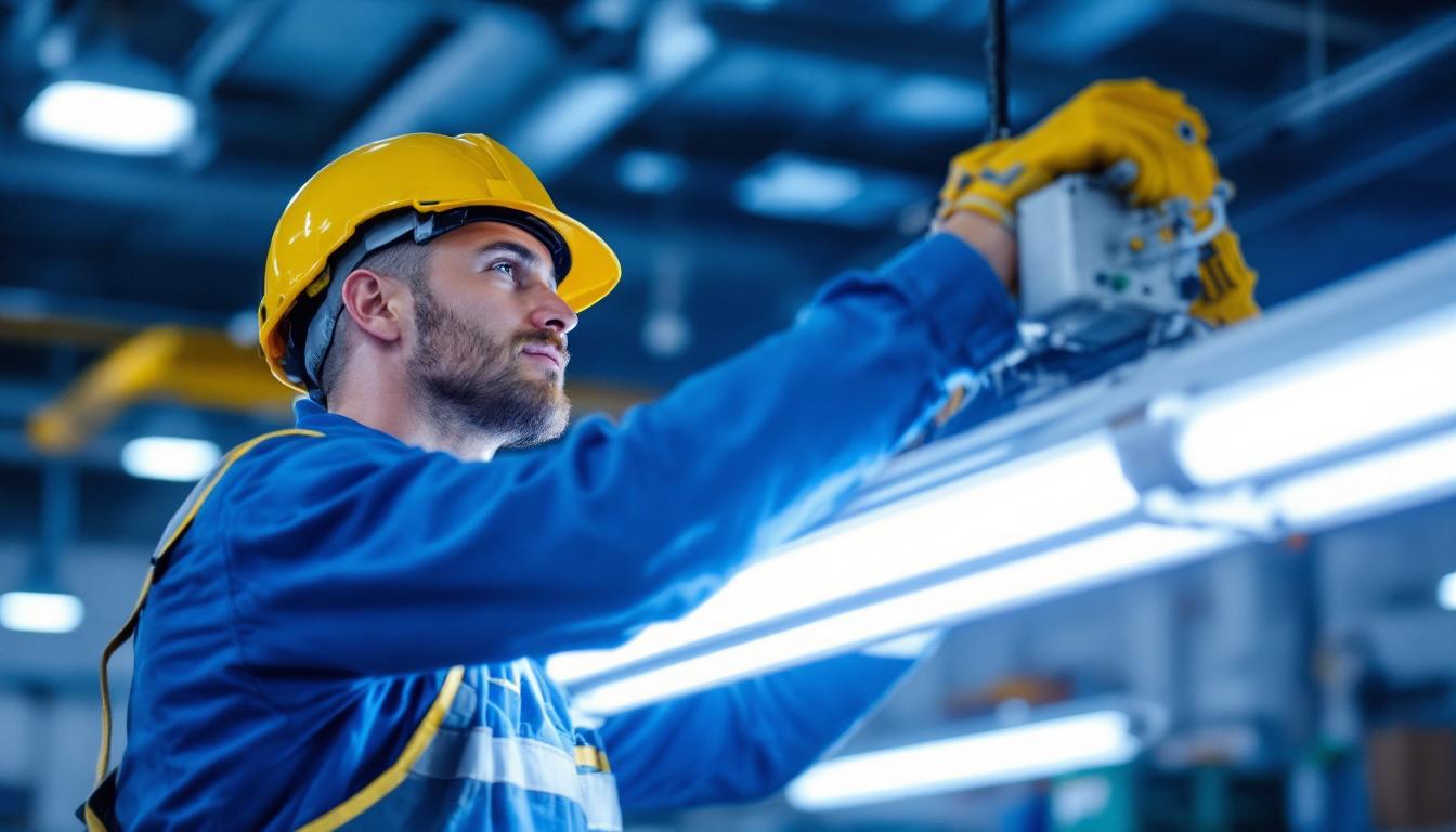 A photograph of a lighting contractor efficiently installing or inspecting an f40t12 ballast in a commercial setting