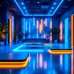 A photograph of a beautifully designed space illuminated by vibrant led strip lights