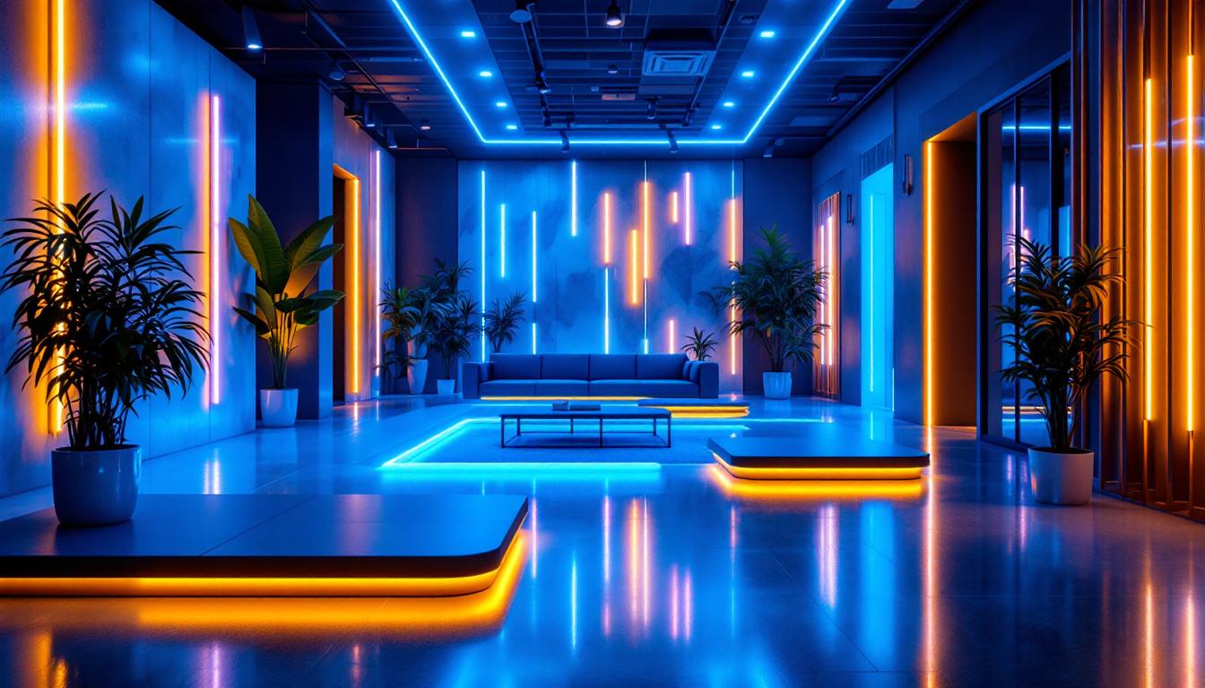 A photograph of a beautifully designed space illuminated by vibrant led strip lights