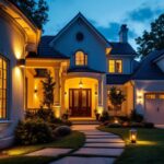 A photograph of a beautifully illuminated home exterior at dusk