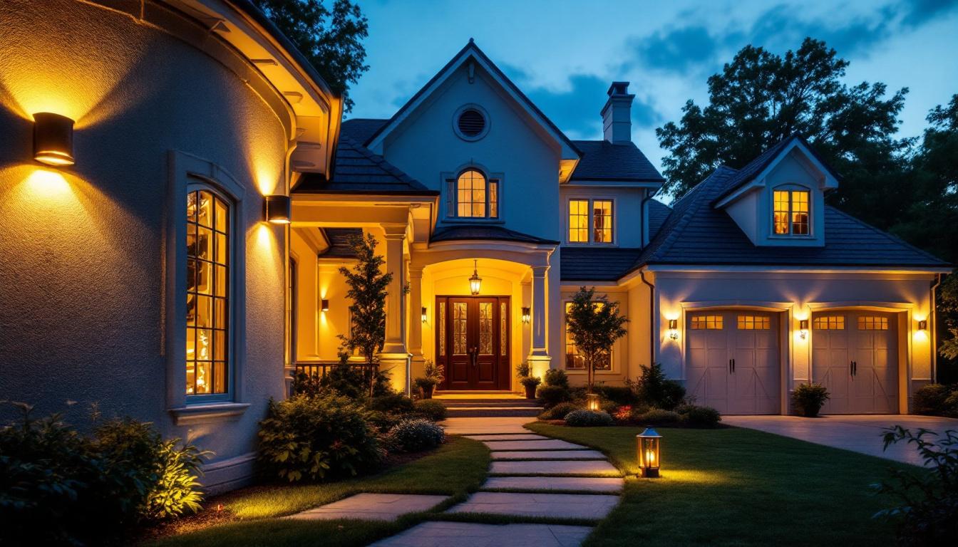 A photograph of a beautifully illuminated home exterior at dusk
