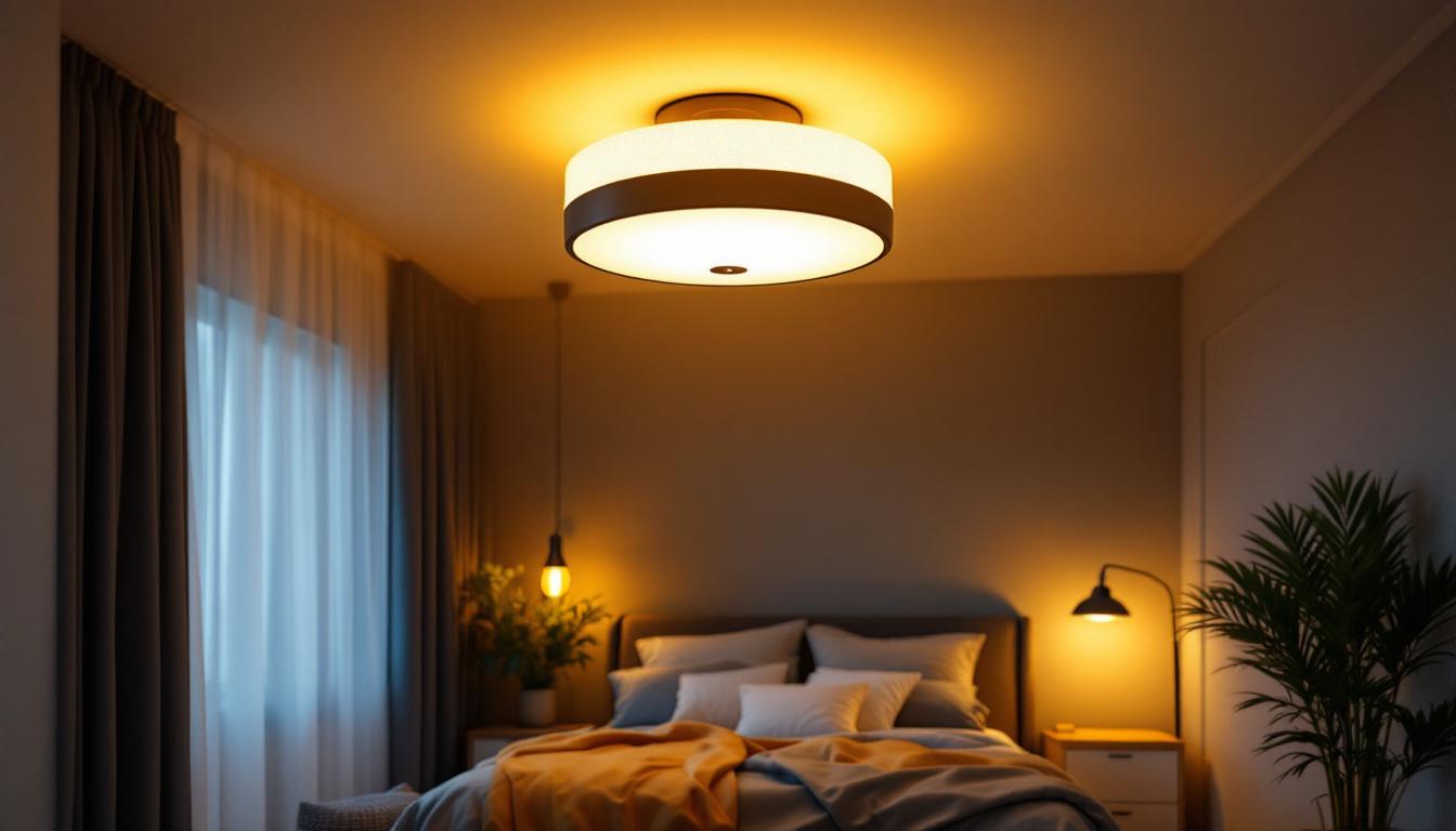 A photograph of a beautifully designed ceiling bedroom light fixture illuminating a cozy