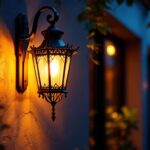 A photograph of a beautifully designed wall-mounted lantern illuminated at dusk