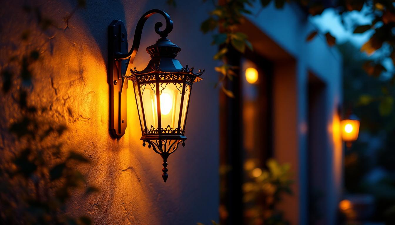 A photograph of a beautifully designed wall-mounted lantern illuminated at dusk