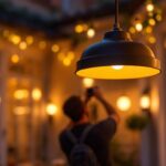 A photograph of a beautifully designed outdoor hanging ceiling light fixture elegantly illuminated in a cozy outdoor setting
