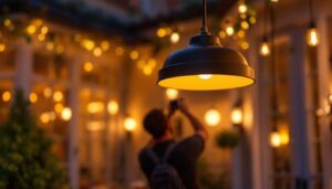 A photograph of a beautifully designed outdoor hanging ceiling light fixture elegantly illuminated in a cozy outdoor setting